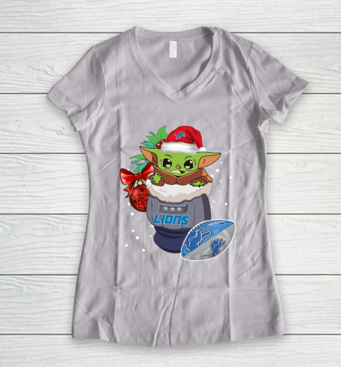Detroit Lions Christmas Baby Yoda Star Wars Funny Happy NFL Women's V-Neck T-Shirt 2