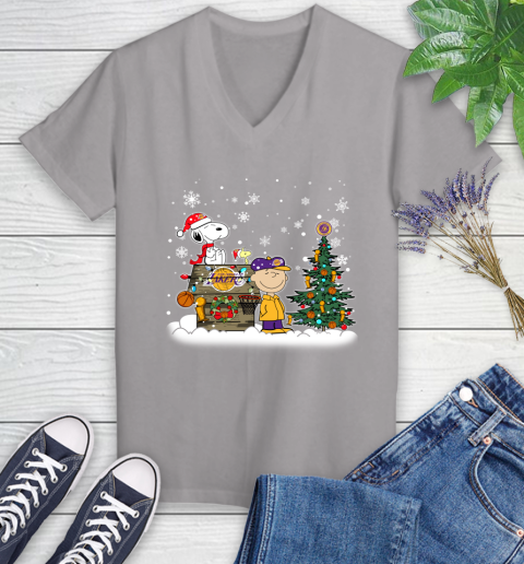 Los Angeles Lakers NBA Basketball Christmas The Peanuts Movie Snoopy Championship Women's V-Neck T-Shirt 4