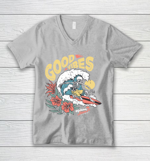 Good Vibes Skeleton Surfer V-Neck T-Shirt 3