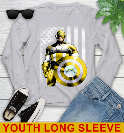 Los Angeles Chargers NFL Football Captain America Marvel Avengers American Flag Shirt Youth Long Sleeve 5
