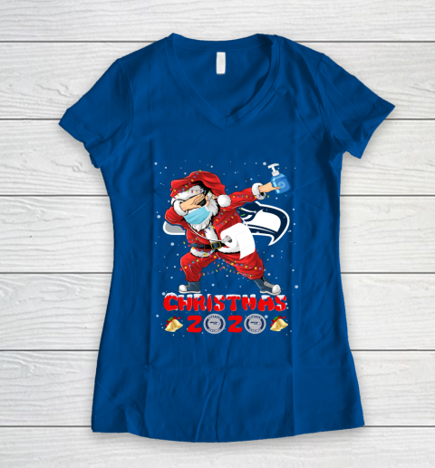 Seattle Seahawks Funny Santa Claus Dabbing Christmas 2020 NFL Women's V-Neck T-Shirt 7