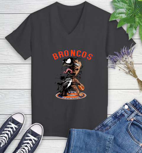 NFL Denver Broncos Football Venom Groot Guardians Of The Galaxy Women's V-Neck T-Shirt 8