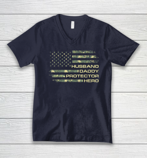 Husband Daddy Protector Hero Shirt Fathers Day American Flag V-Neck T-Shirt 2