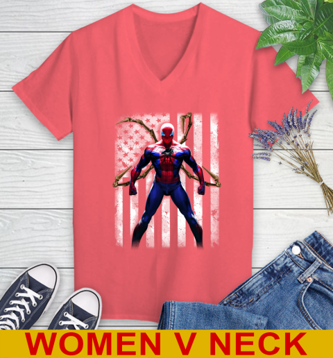 NFL Football Carolina Panthers Spider Man Avengers Marvel American Flag Shirt Women's V-Neck T-Shirt 6