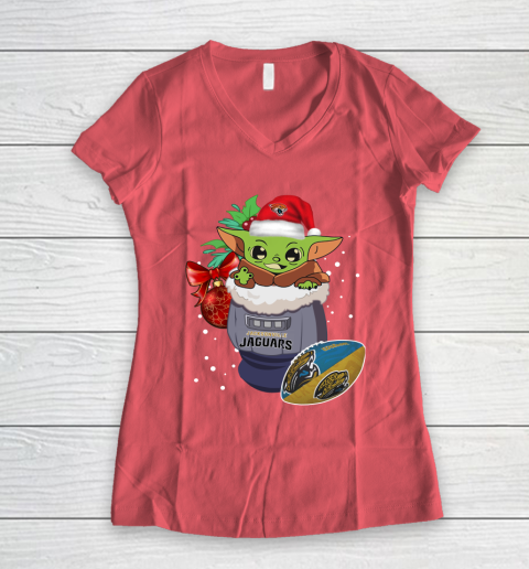 Jacksonville Jaguars Christmas Baby Yoda Star Wars Funny Happy NFL Women's V-Neck T-Shirt 6