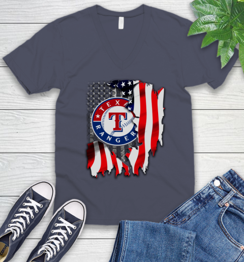 Texas Rangers MLB Baseball American Flag V-Neck T-Shirt 7