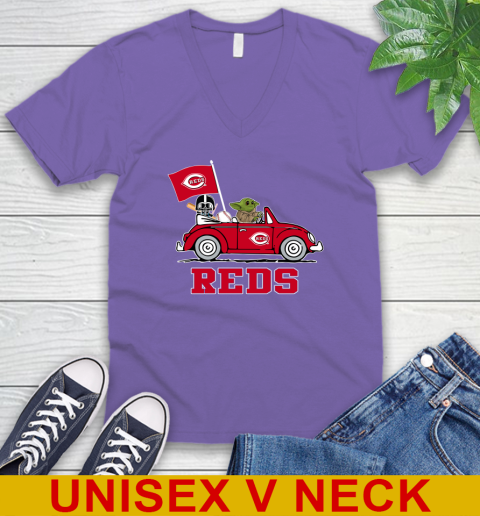 MLB Baseball Cincinnati Reds Darth Vader Baby Yoda Driving Star Wars Shirt V-Neck T-Shirt 9