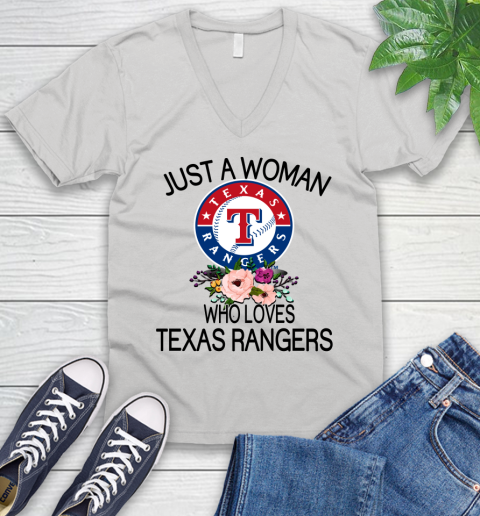 MLB Just A Woman Who Loves Texas Rangers Baseball Sports V-Neck T-Shirt
