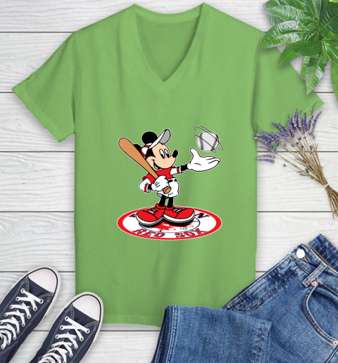 MLB Baseball Boston Red Sox Cheerful Mickey Disney Shirt Women's V-Neck T-Shirt 9