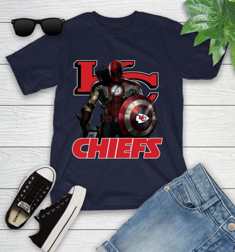 NFL Captain America Thor Spider Man Hawkeye Avengers Endgame Football Kansas City Chiefs Youth T-Shirt 3