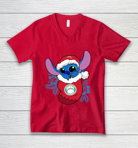 Los Angeles Chargers Christmas Stitch In The Sock Funny Disney NFL V-Neck T-Shirt 7