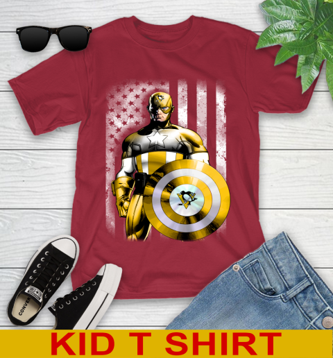 Pittsburgh Penguins NHL Hockey Captain America Marvel Avengers American Flag Shirt Youth T-Shirt 12