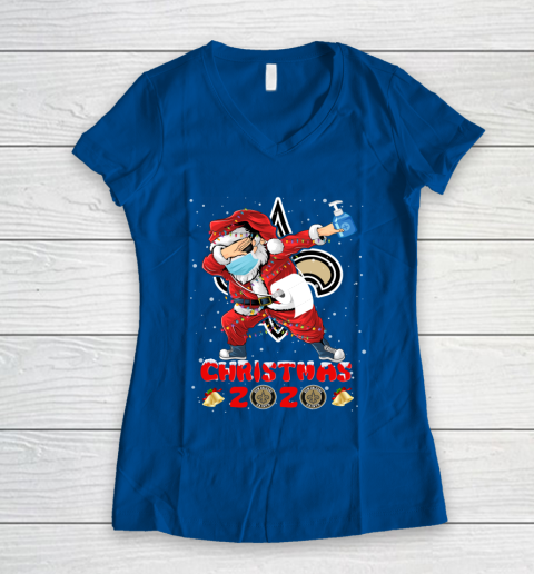 New Orleans Saints Funny Santa Claus Dabbing Christmas 2020 NFL Women's V-Neck T-Shirt 7