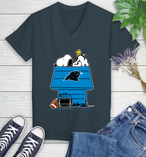 Carolina Panthers NFL Football Snoopy Woodstock The Peanuts Movie Women's V-Neck T-Shirt 8