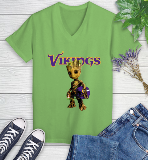 Minnesota Vikings NFL Football Groot Marvel Guardians Of The Galaxy Women's V-Neck T-Shirt 11