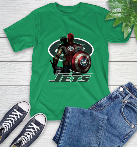 NFL Captain America Thor Spider Man Hawkeye Avengers Endgame Football New York Jets T-Shirt 7
