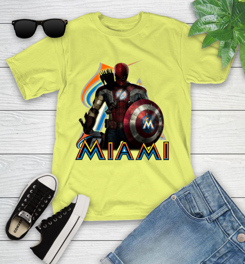 MLB Captain America Thor Spider Man Hawkeye Avengers Endgame Baseball Miami Marlins Youth T-Shirt 8