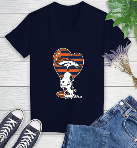 Denver Broncos NFL Football The Peanuts Movie Adorable Snoopy Women's V-Neck T-Shirt 3