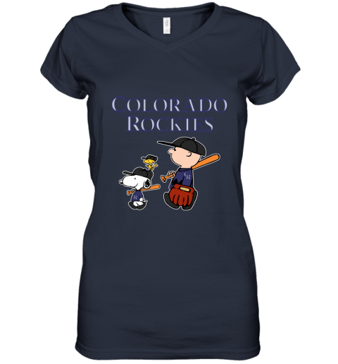 Colorado Rockies Let's Play Baseball Together Snoopy MLB Women's V-Neck T-Shirt