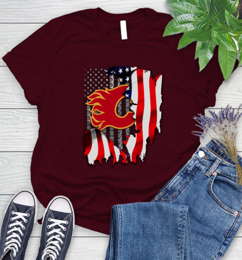 Calgary Flames NHL Hockey American Flag Women's T-Shirt 8 Calgary Flames NHL Hockey American Flag Women's T-Shirt - Image 8