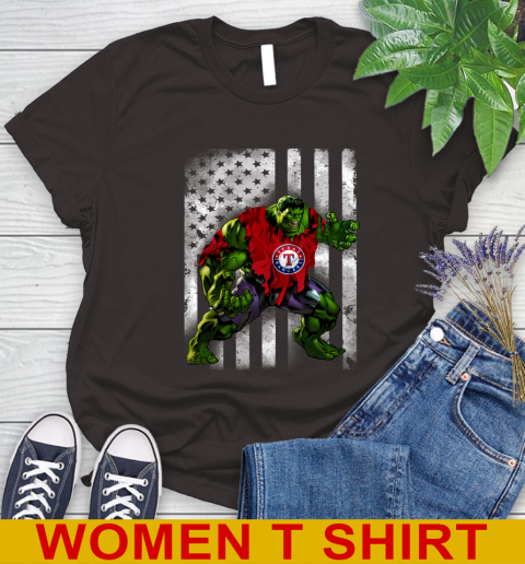 Texas Rangers Hulk Marvel Avengers MLB Baseball American Flag Women's T-Shirt 9