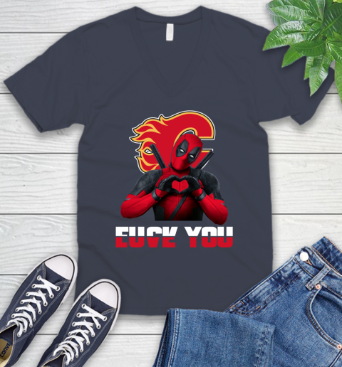 NHL Calgary Flames Deadpool Love You Fuck You Hockey Sports V-Neck T-Shirt 8
