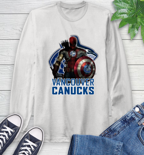 NHL Captain America Thor Spider Man Hawkeye Avengers Endgame Hockey Vancouver Canucks Long Sleeve T-Shirt