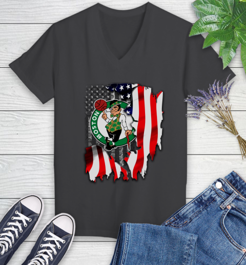 Boston Celtics NBA Basketball American Flag Women's V-Neck T-Shirt 8