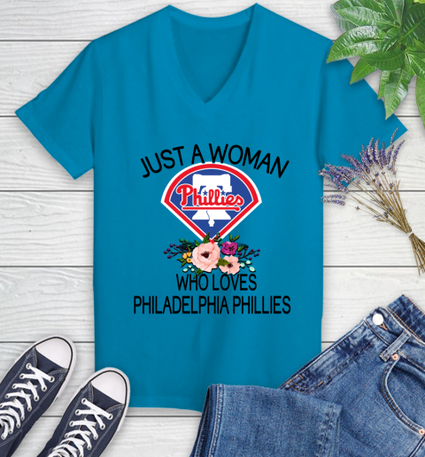 MLB Just A Woman Who Loves Philadelphia Phillies Baseball Sports Women's V-Neck T-Shirt 4