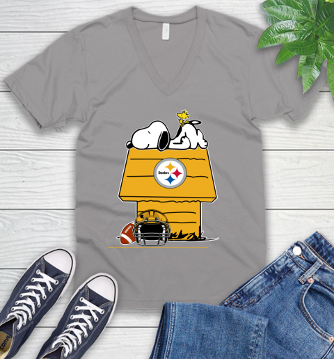 Pittsburgh Steelers NFL Football Snoopy Woodstock The Peanuts Movie V-Neck T-Shirt 4