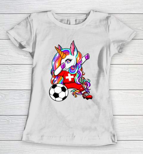 Dabbing Unicorn Switzerland Soccer Fans Jersey Flag Football Women's T-Shirt