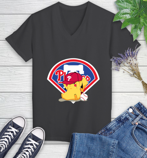 MLB Pikachu Baseball Sports Philadelphia Phillies Women's V-Neck T-Shirt 8