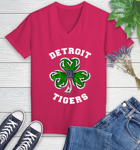 MLB Detroit Tigers Three Leaf Clover St Patrick's Day Baseball Sports Women's V-Neck T-Shirt 9