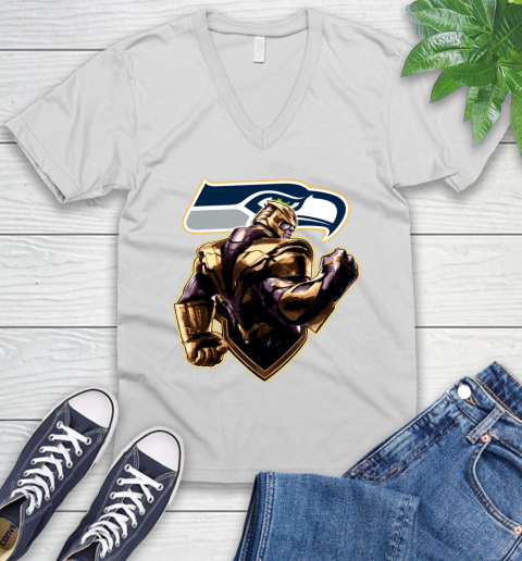 NFL Thanos Avengers Endgame Football Sports Seattle Seahawks V-Neck T-Shirt