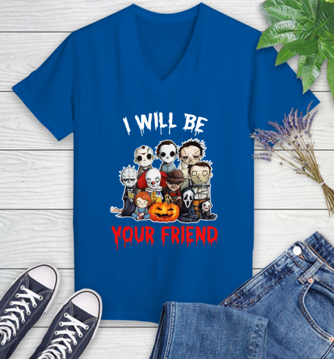 Halloween Horror Movie Characters Chibi I Will Be Your Friend Women's V-Neck T-Shirt 7