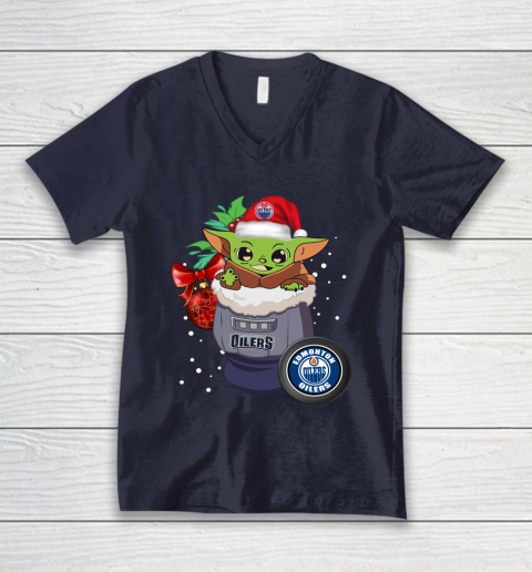 Edmonton Oilers Christmas Baby Yoda Star Wars Funny Happy NHL V-Neck T-Shirt 3