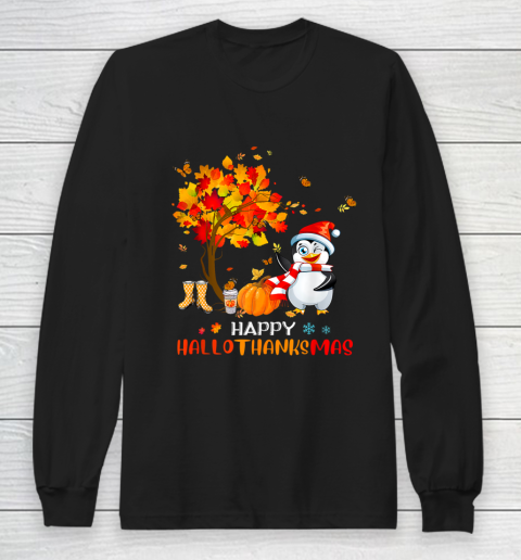 Penguin Halloween And Merry Christmas Happy Hallothanksmas Funny Long Sleeve T-Shirt