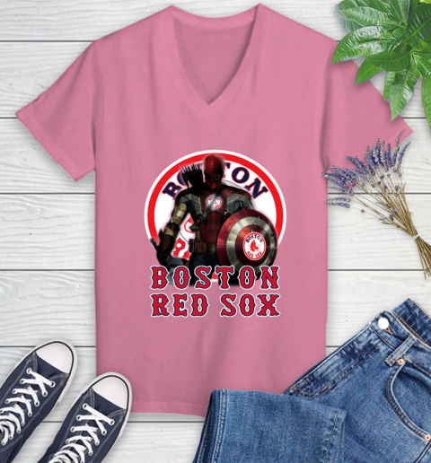 MLB Captain America Thor Spider Man Hawkeye Avengers Endgame Baseball Boston Red Sox Women's V-Neck T-Shirt 13
