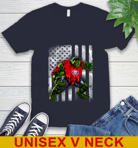 Philadelphia Phillies Hulk Marvel Avengers MLB Baseball American Flag V-Neck T-Shirt 2
