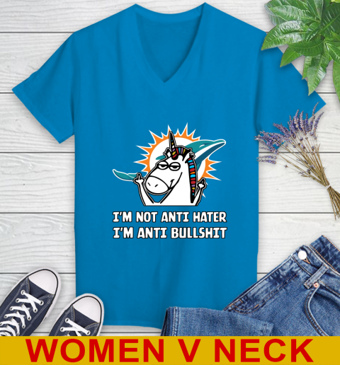 Miami Dolphins NFL Football Unicorn I'm Not Anti Hater I'm Anti Bullshit Women's V-Neck T-Shirt 8
