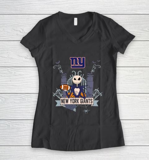 NFL New York Giants Football Jack Skellington Halloween Women's V-Neck T-Shirt 6