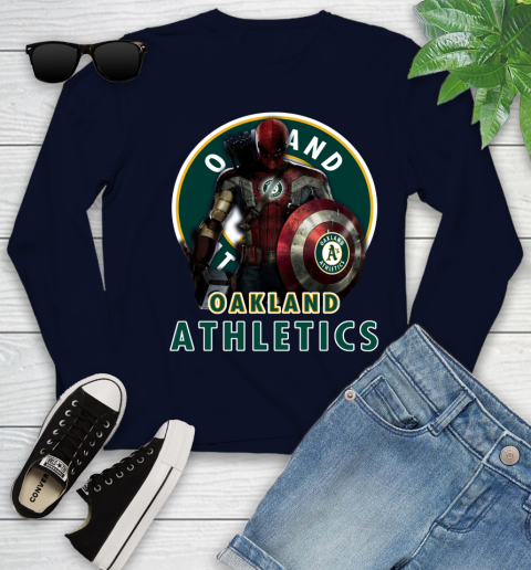 MLB Captain America Thor Spider Man Hawkeye Avengers Endgame Baseball Oakland Athletics Youth Long Sleeve 3