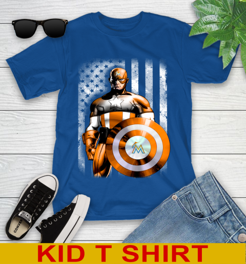 Miami Marlins MLB Baseball Captain America Marvel Avengers American Flag Shirt Youth T-Shirt 10