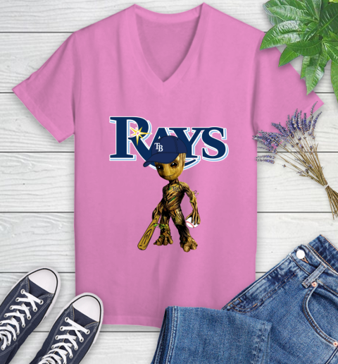 MLB Tampa Bay Rays Groot Guardians Of The Galaxy Baseball Women's V-Neck T-Shirt 14