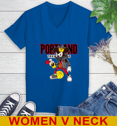 Portland Trail Blazers NBA Basketball Mickey Peace Sign Sports Women's V-Neck T-Shirt 11