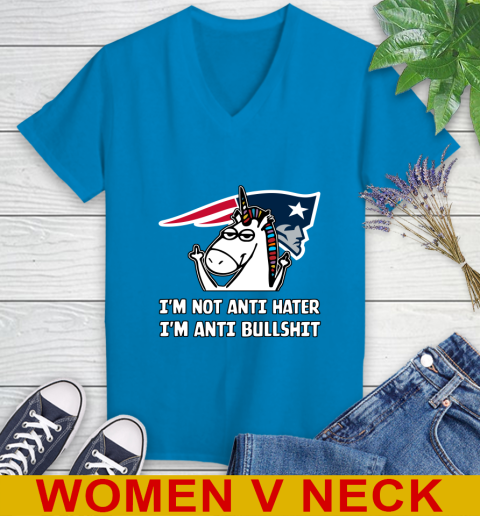 New England Patriots NFL Football Unicorn I'm Not Anti Hater I'm Anti Bullshit Women's V-Neck T-Shirt 8