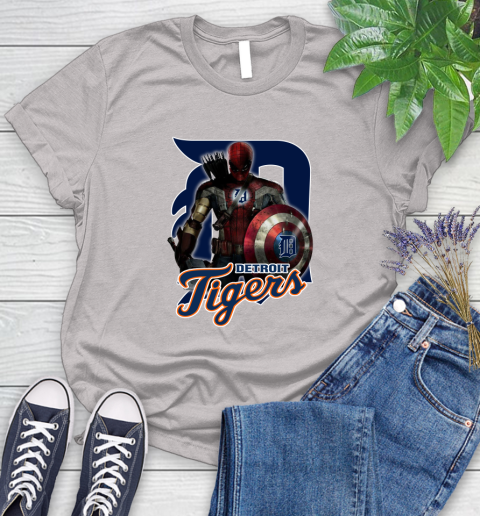 MLB Captain America Thor Spider Man Hawkeye Avengers Endgame Baseball Detroit Tigers Women's T-Shirt 10