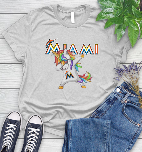 Miami Marlins MLB Baseball Funny Unicorn Dabbing Sports Women's T-Shirt