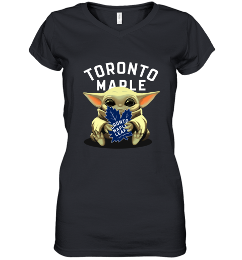 Baby Yoda Hugs The Toronto Maples Leafs Ice Hockey Women's V-Neck T-Shirt