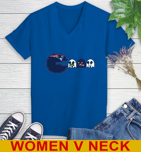 New England Patriots NFL Football Pac Man Champion Women's V-Neck T-Shirt 11